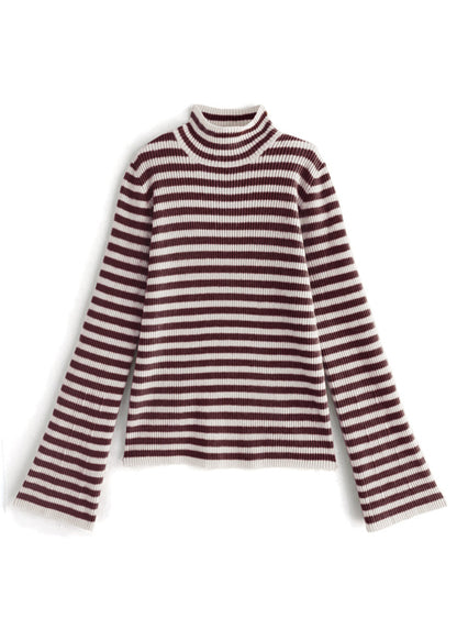 條紋彈性喇叭袖上衣