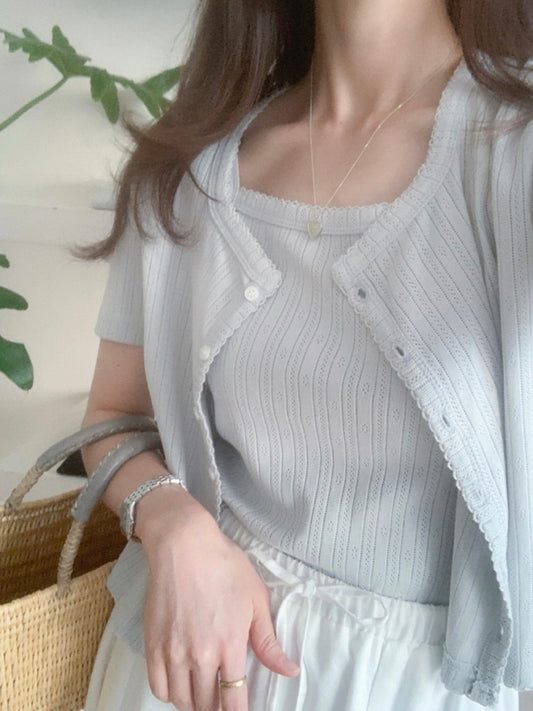 小波浪邊暗花吊帶x短袖外套set *共3色