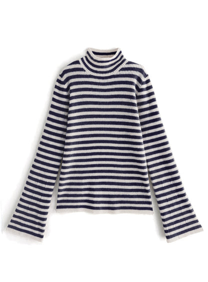 條紋彈性喇叭袖上衣