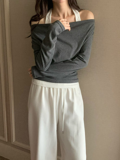 柔軟彈性假兩件掛頸top *共3色