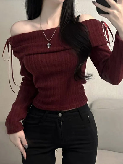 蝴蝶結一字肩top *共4色