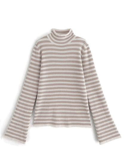 條紋彈性喇叭袖上衣