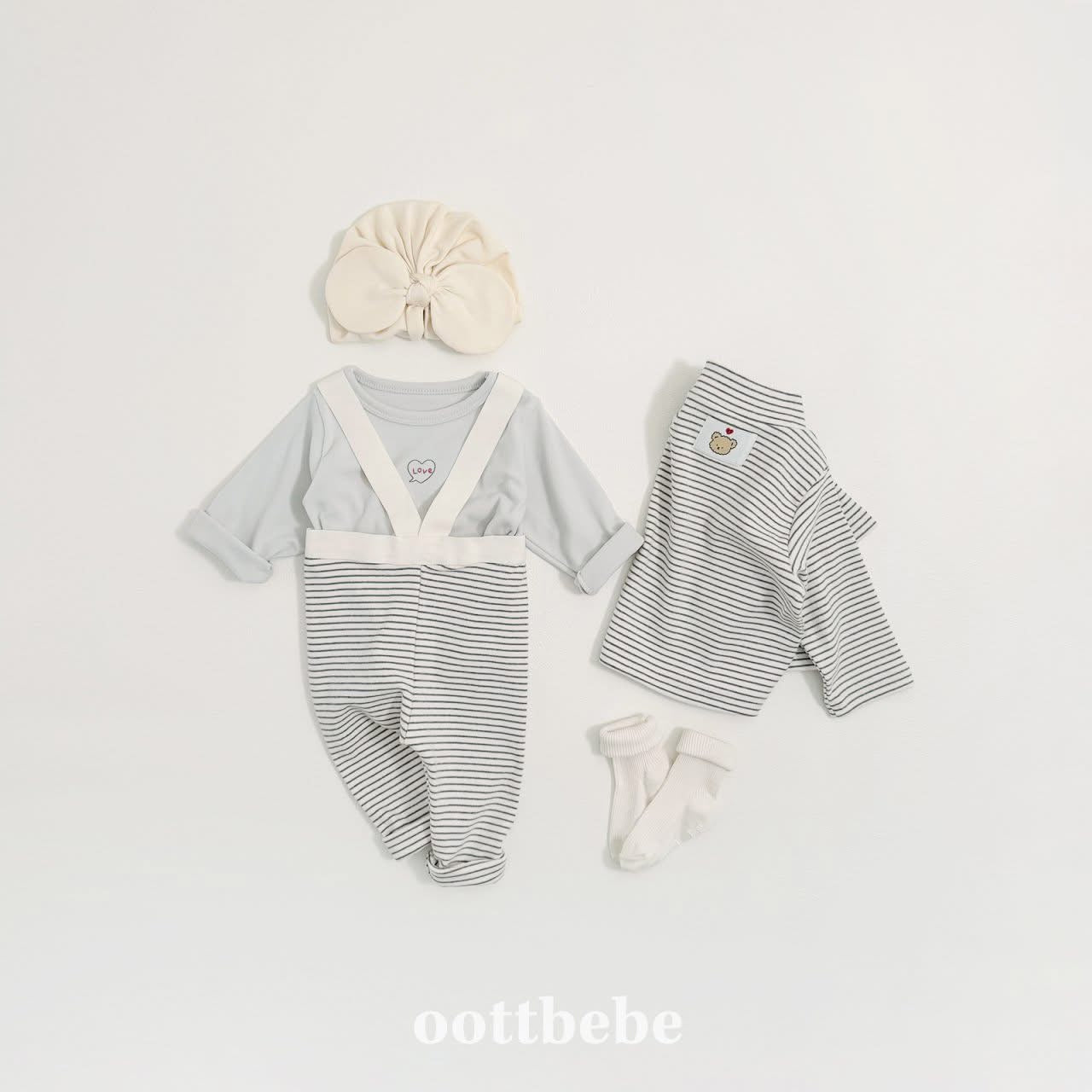 Oottbebe 熊熊標條紋Y字揹帶褲 (3-12m)
